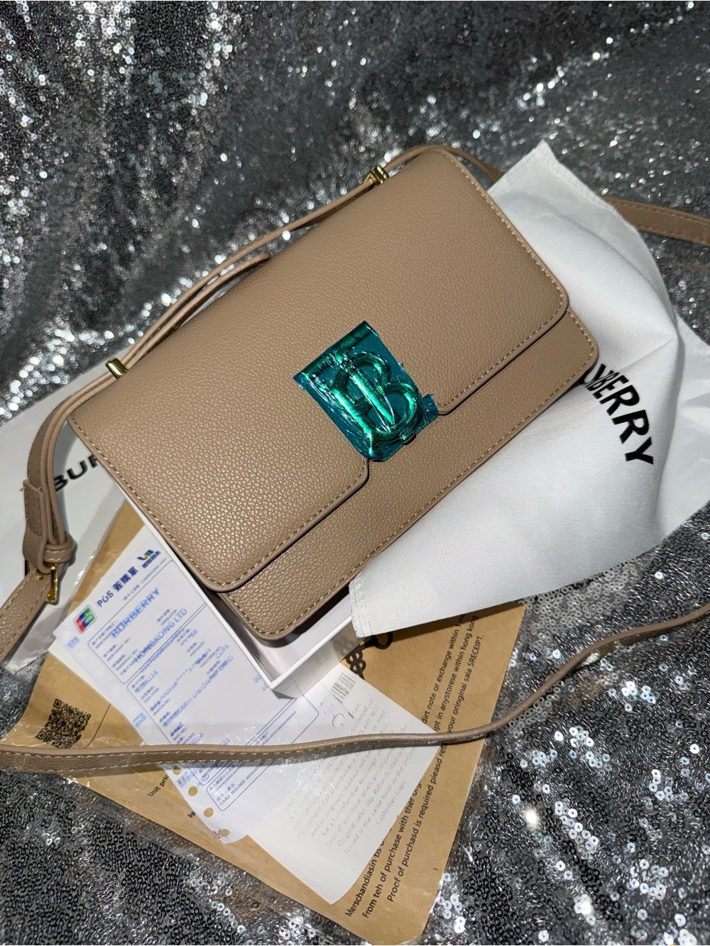 Burberry Taupe Pebbled Leather Crossbody with Teal Hardware